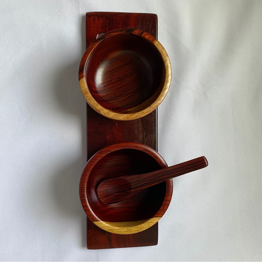 Vintage Wooden Double Bowl Set with Spoon - Rich Brown and Natural Wood Trim - Picture 10 of 12